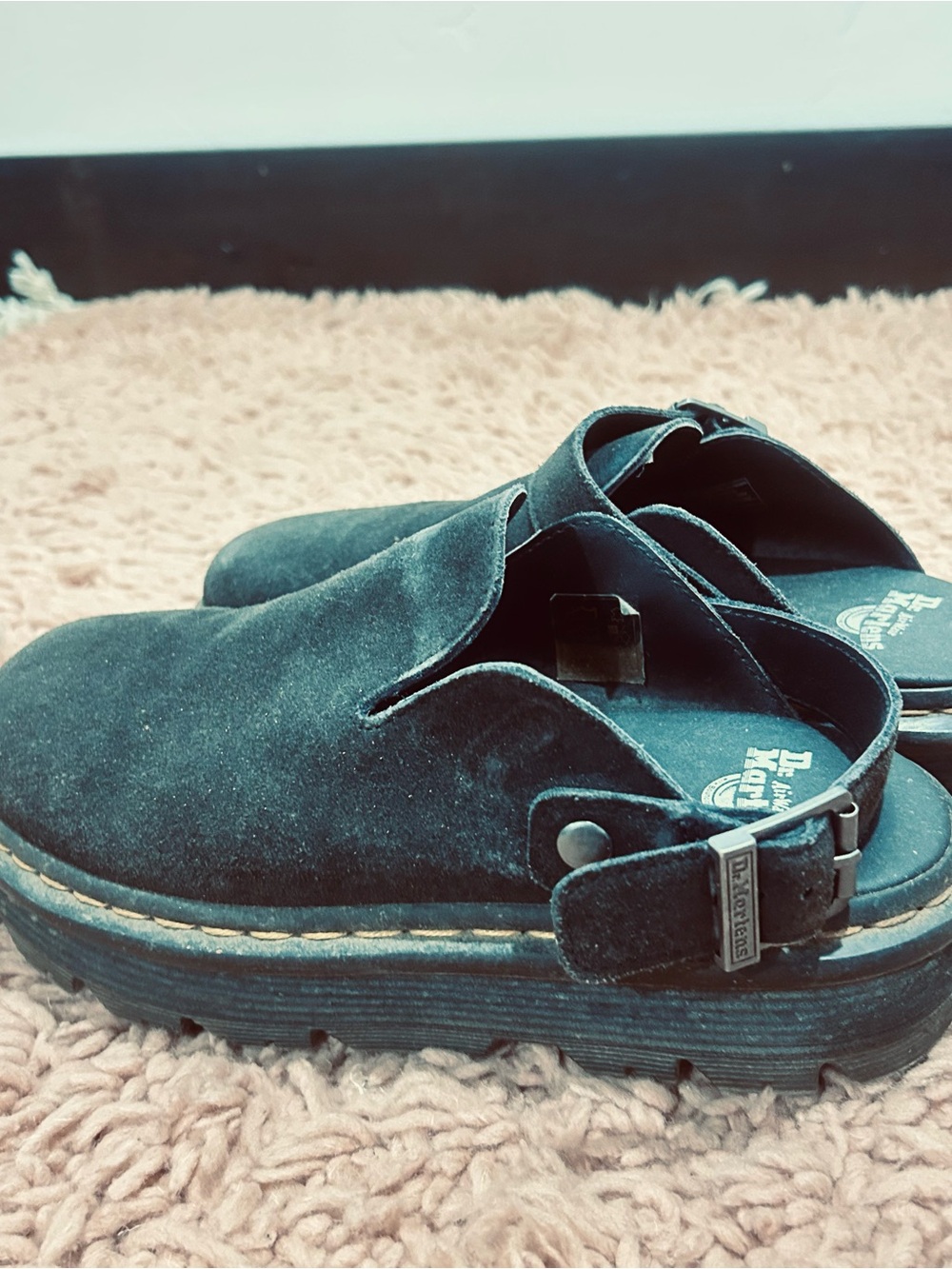 Dr. Martens Black Suede Platform Clog Sandals